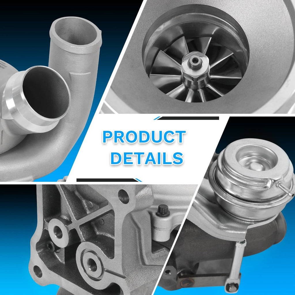 Turbocharger product details: inlet/outlet pipes, turbine wheel view, compressor housing