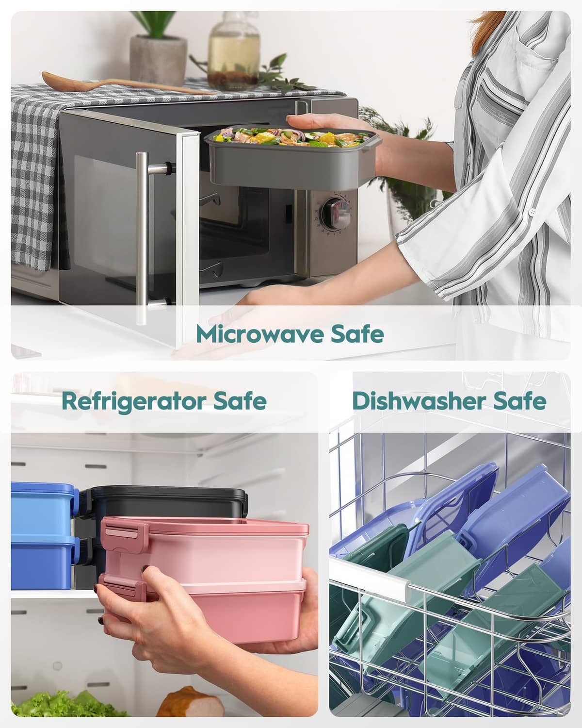 Mint green bento lunch boxes labeled safe for microwave, refrigerator, and dishwasher