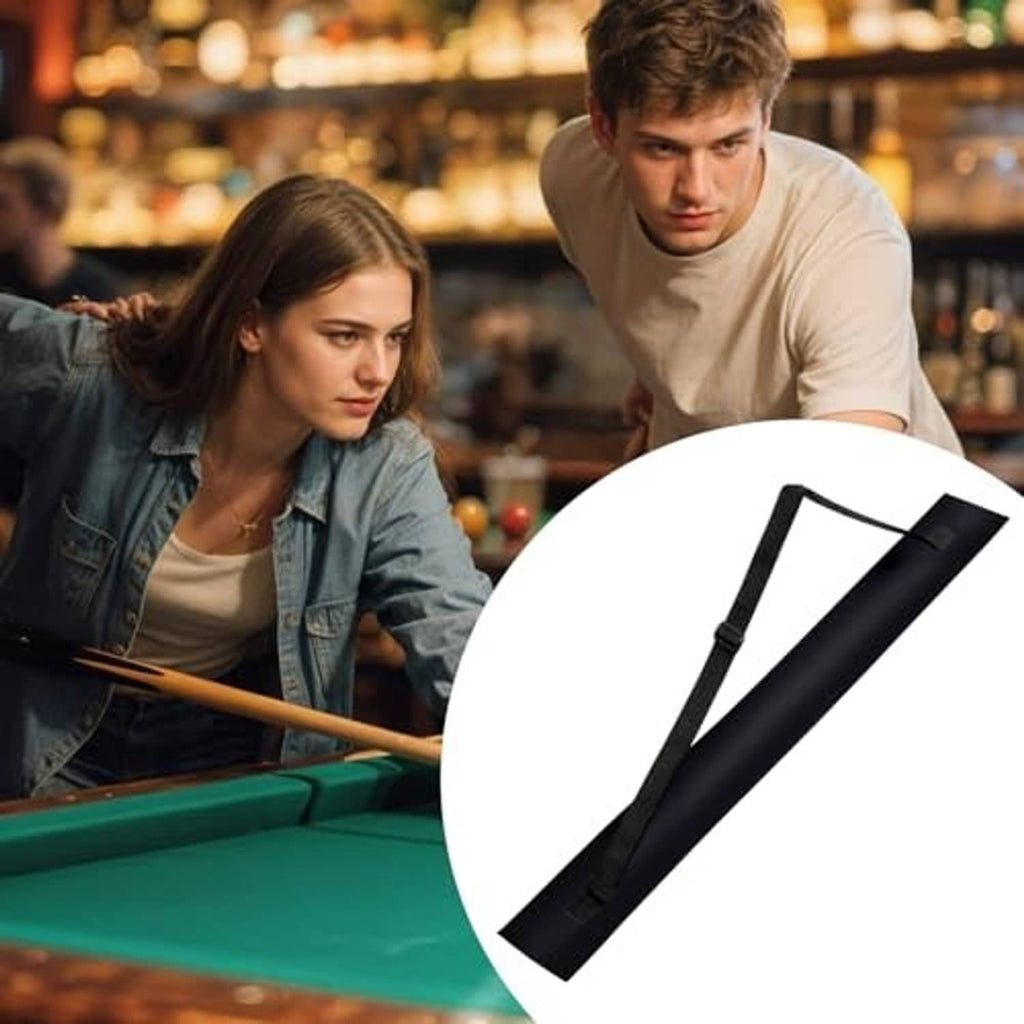 Black pool cue case shown folded/closed with shoulder strap and end flap pocket.