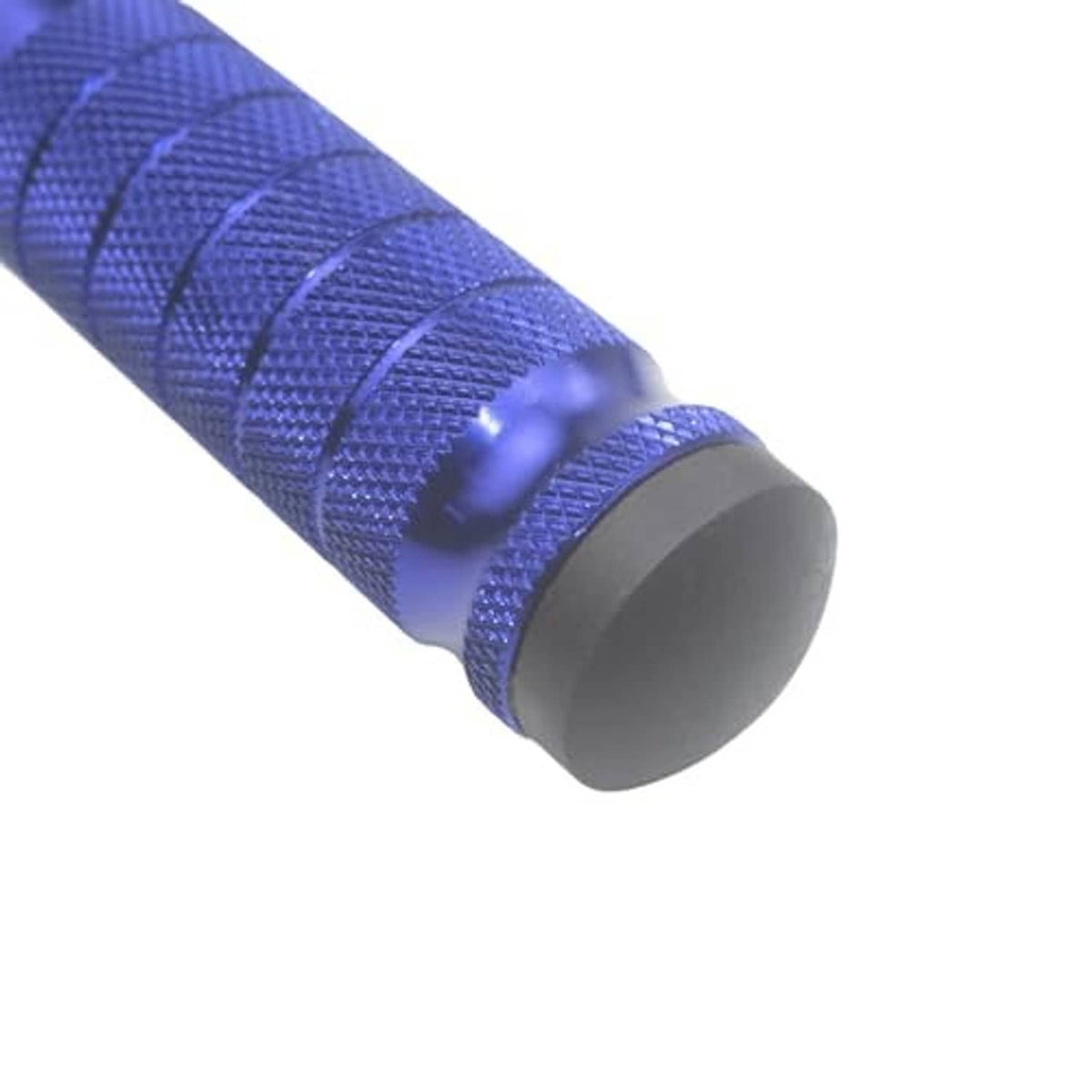 Blue motorcycle foot peg close-up with textured grip sleeve and rounded end