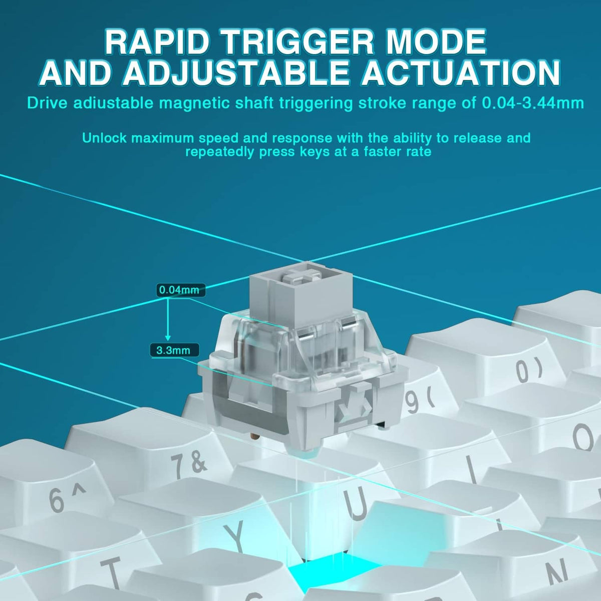 Close-up of white mechanical keyboard key switch with magnetic trigger detail