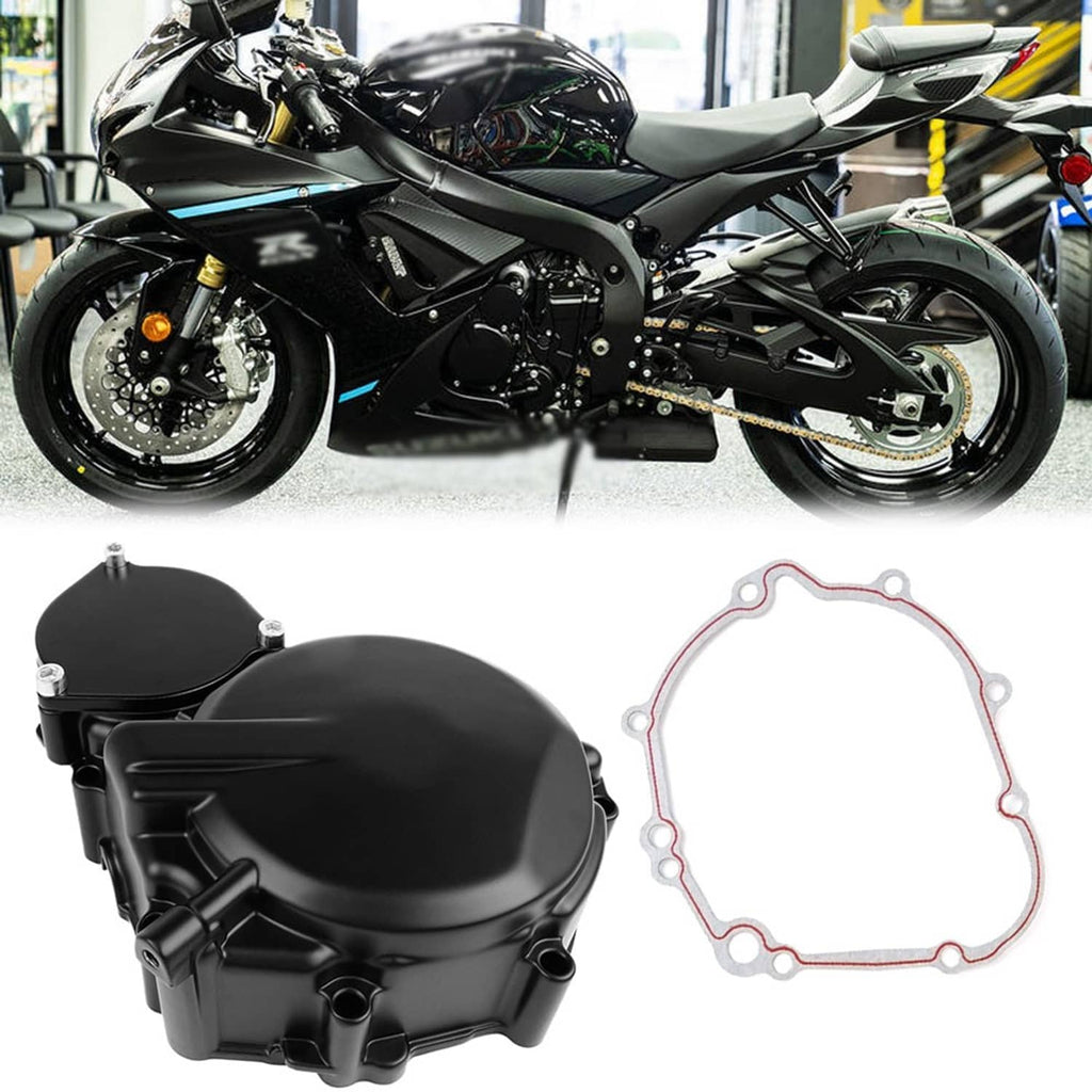 Black motorcycle left engine crankcase cover with attached components and mounting hardware
