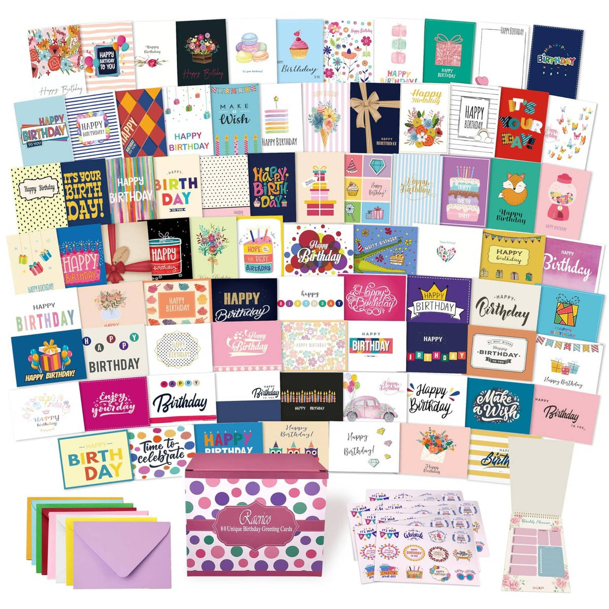 Birthday greeting card assortment with colorful front designs in 5x7 size