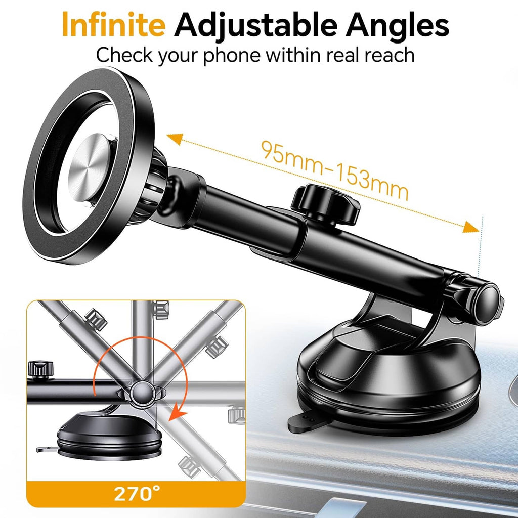 Black MagSafe car mount with 270-degree adjustable arm and magnet disc