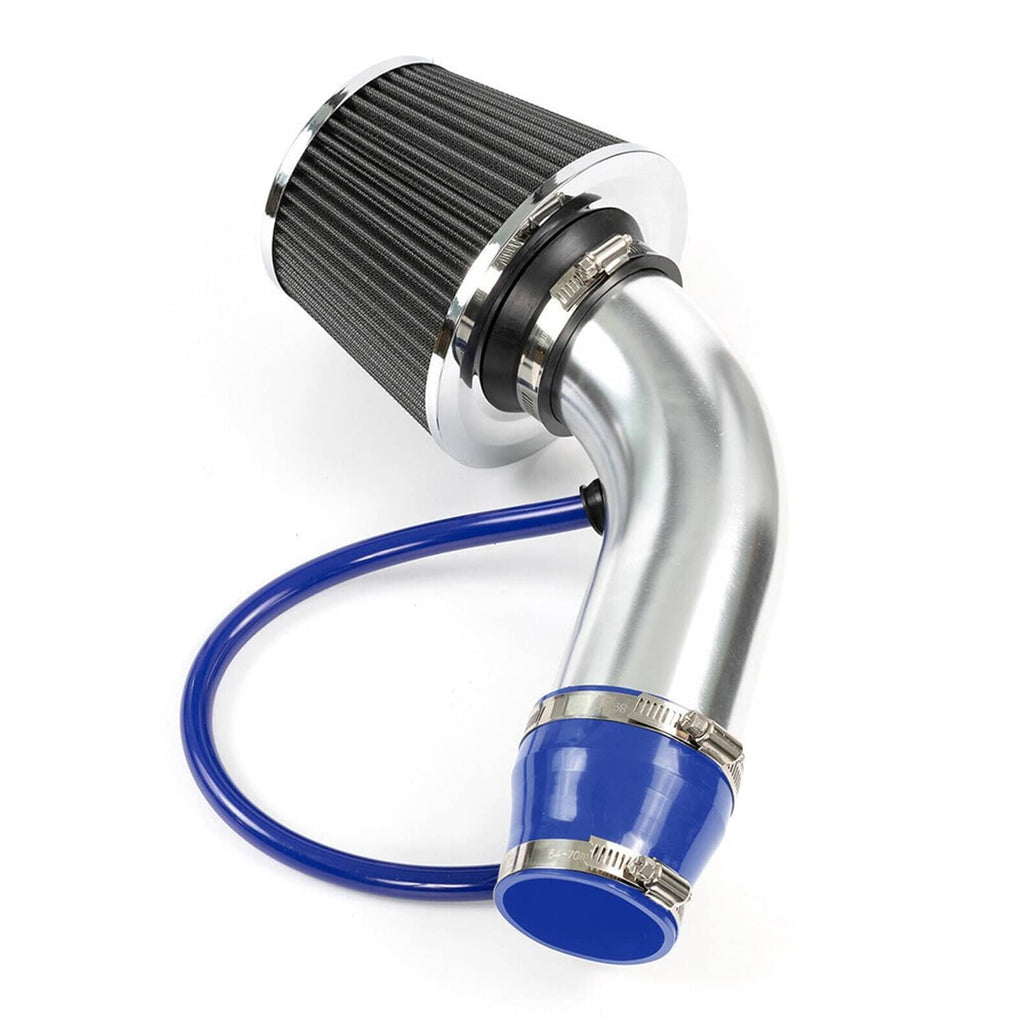 3-inch cold air intake filter kit with black cone filter, chrome pipe, blue couplers