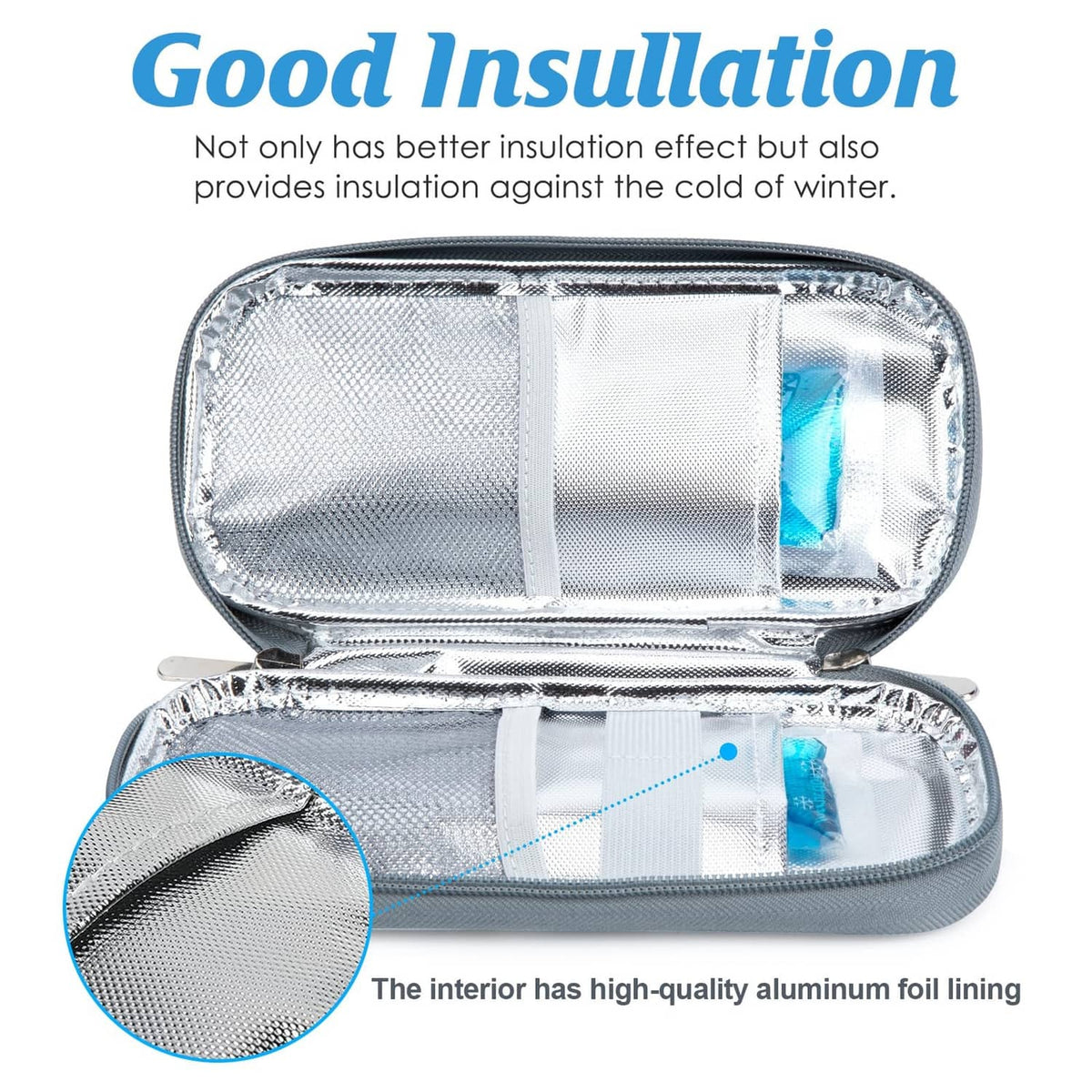 Silver foil-lined interior of insulin cooler case with elastic strap divider