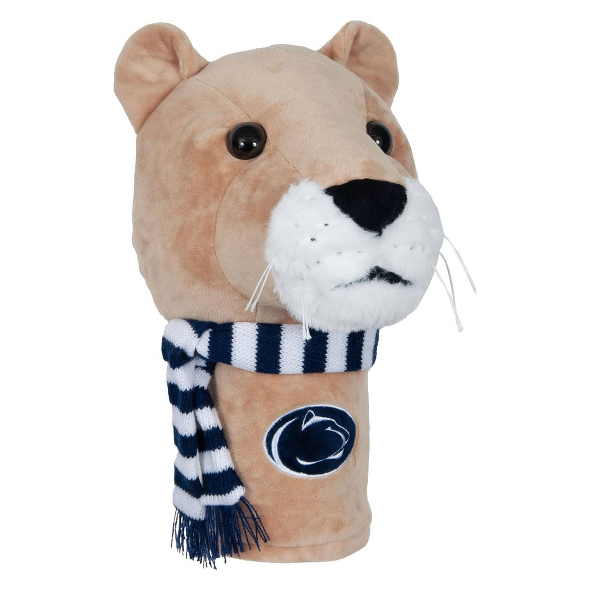 Team Effort mascot headcover, plush tan animal with navy-and-white striped scarf and logo patch