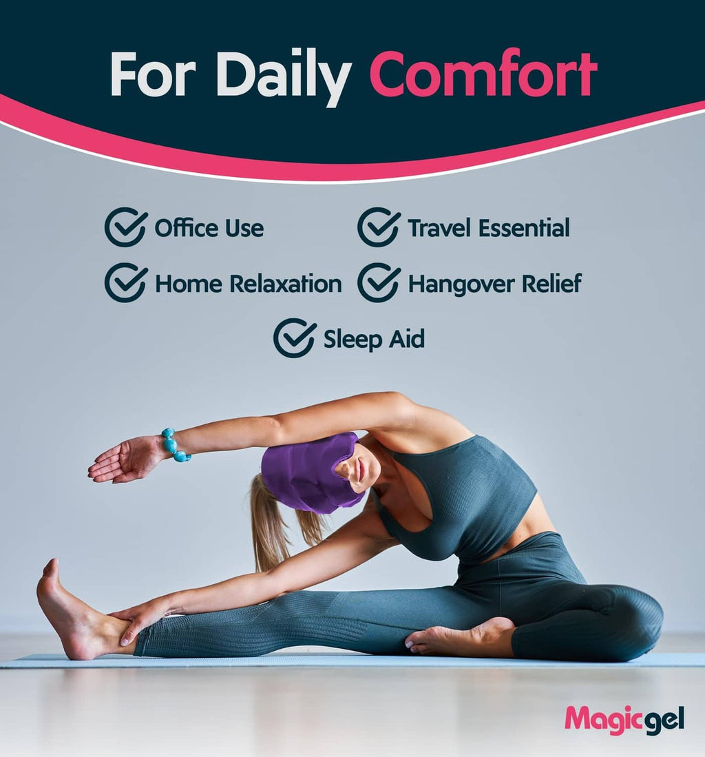 MagicGel purple gel head wrap cap worn while stretching on yoga mat