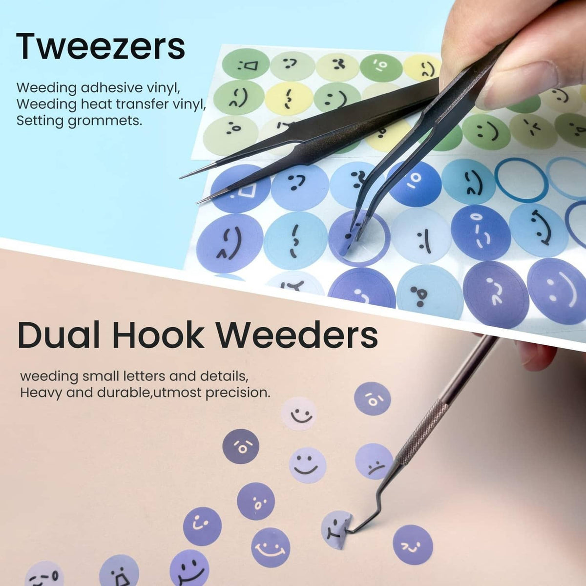 Dual hook weeder tools with curved metal tips for lifting and weeding vinyl