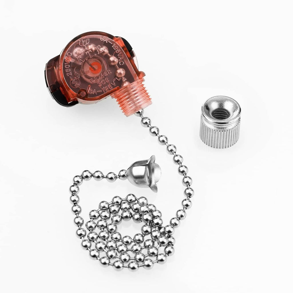Ceiling pull chain light switch with copper housing and chrome ball chain, plus cap nut