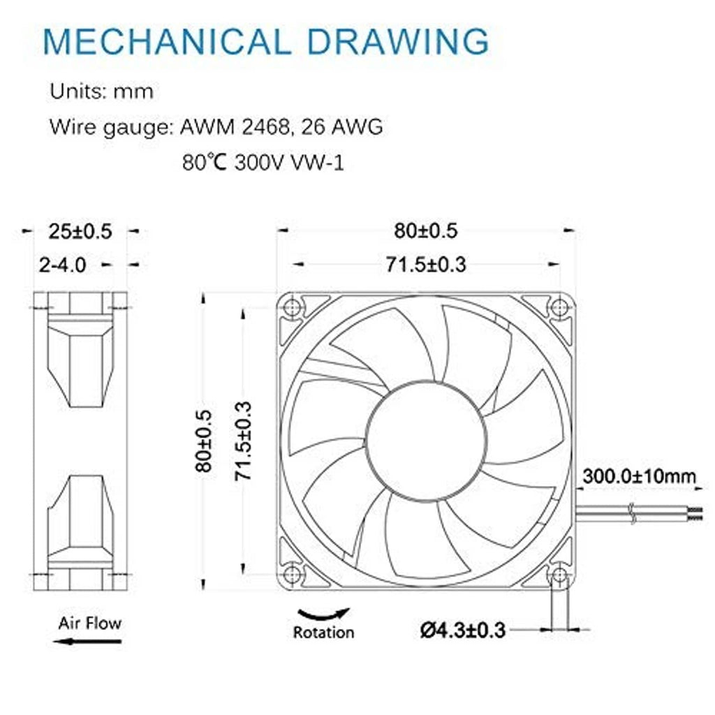 80mm DC brushless fan mechanical drawing with rotation and size outlines