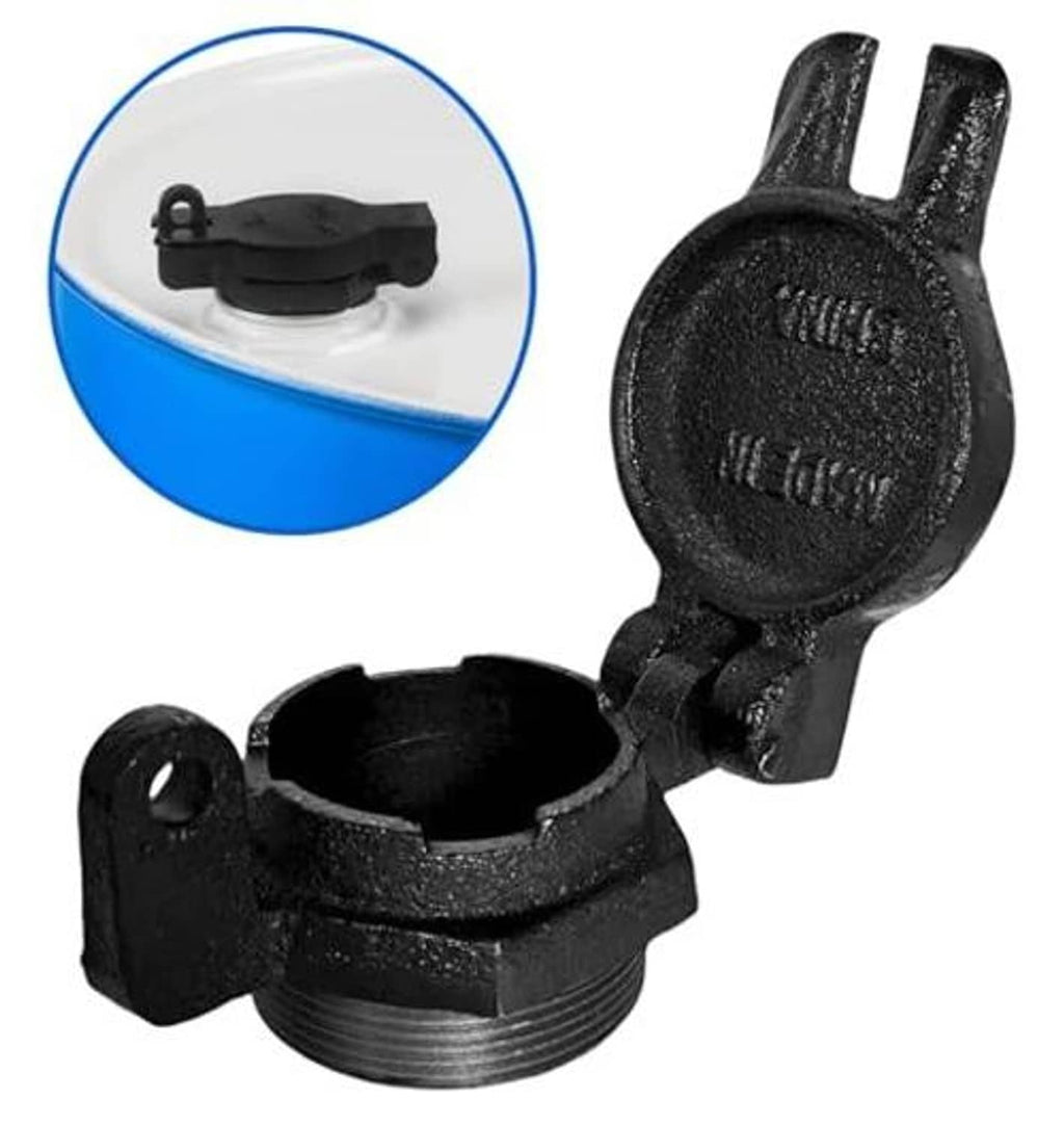 Black vented locking diesel fuel fill cap with flip-top cover on threaded fitting