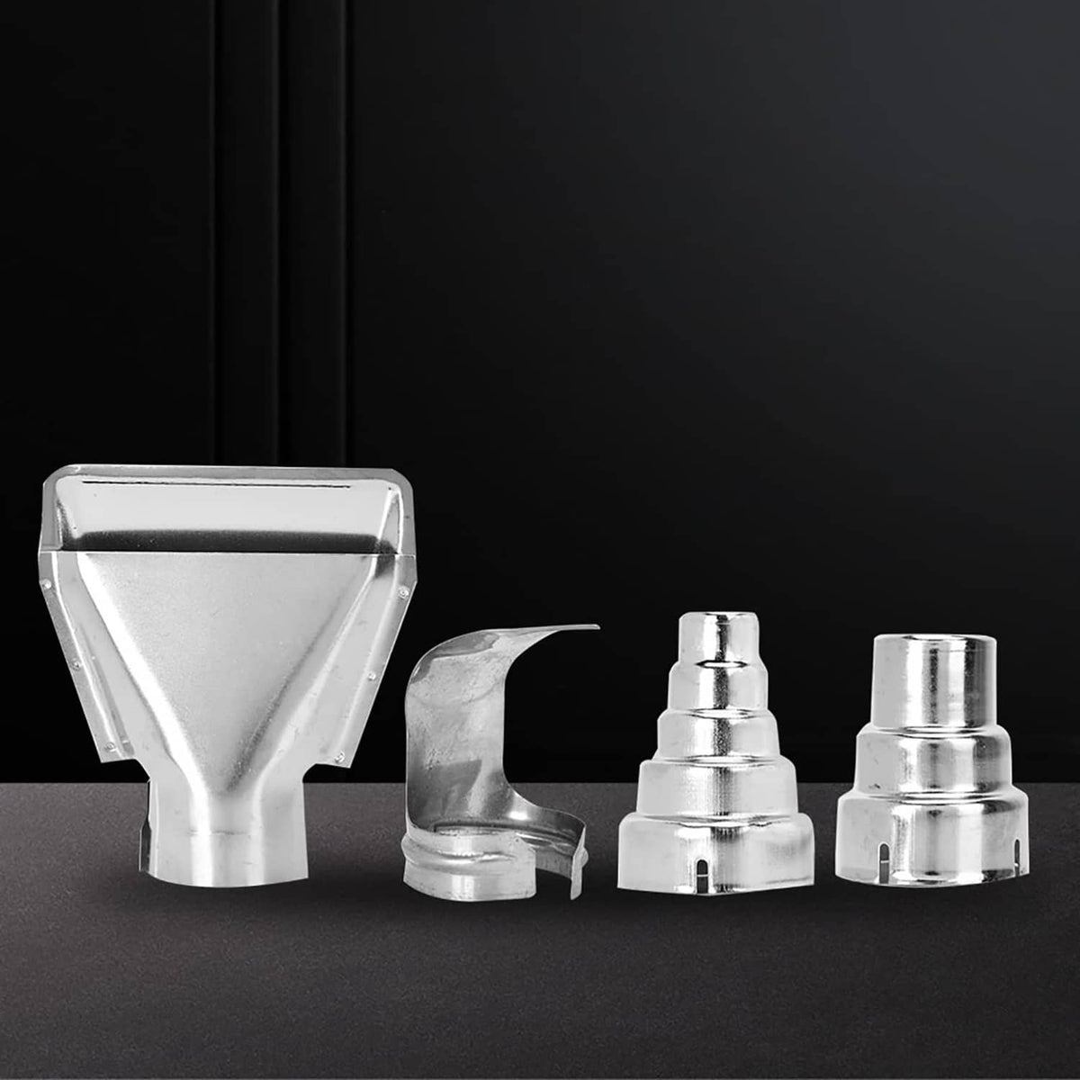 Metal heat gun nozzle attachments set: funnel, curved nozzle, and two cylindrical adapters
