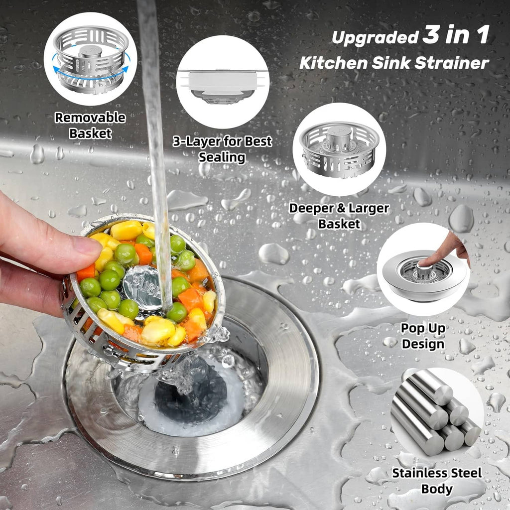 Stainless steel kitchen sink drain strainer with removable basket, pop-up design