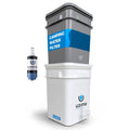 Portable camping water filter system with stacked buckets and small filter cartridge