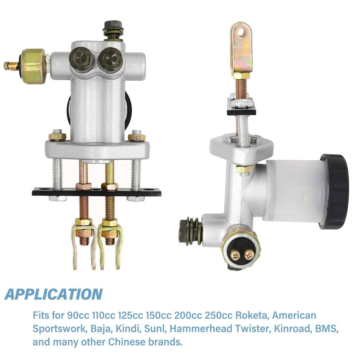 Hydraulic brake master cylinder shown from side and front with mounting hardware