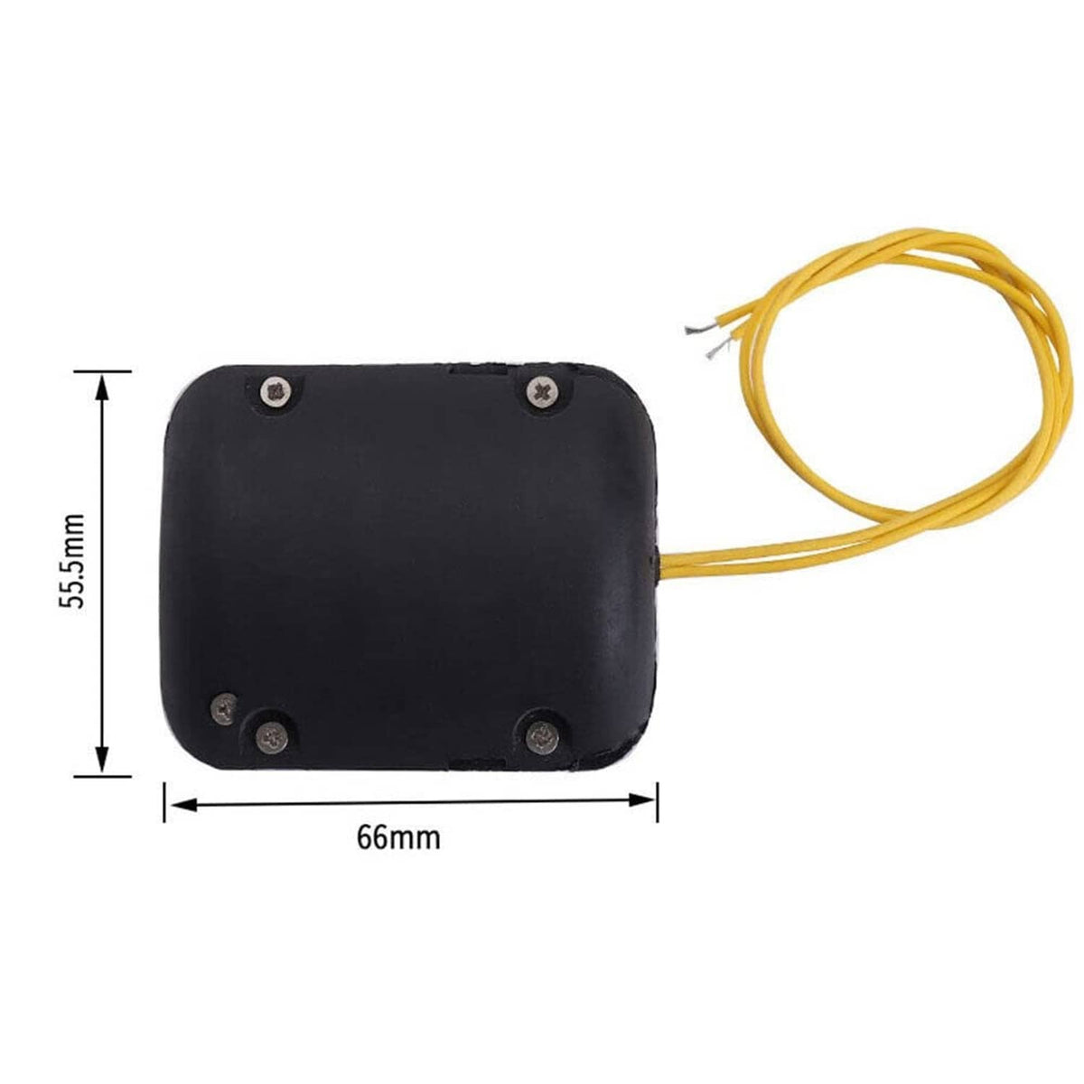 Black vibration motor shell with yellow lead wires; labeled 66mm x 55mm