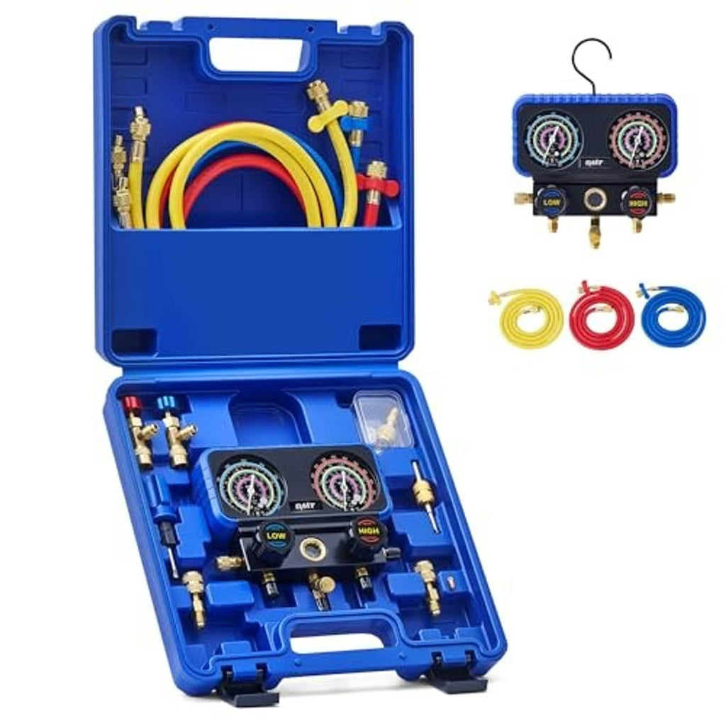 3-way AC manifold gauge set shown with blue case, three gauges, and colored hoses