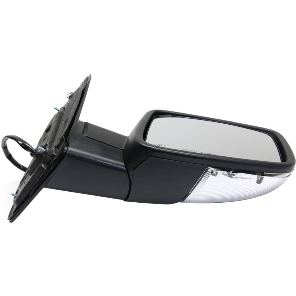 Black side mirror with extended arm and folded-back mounting bracket, rear view.