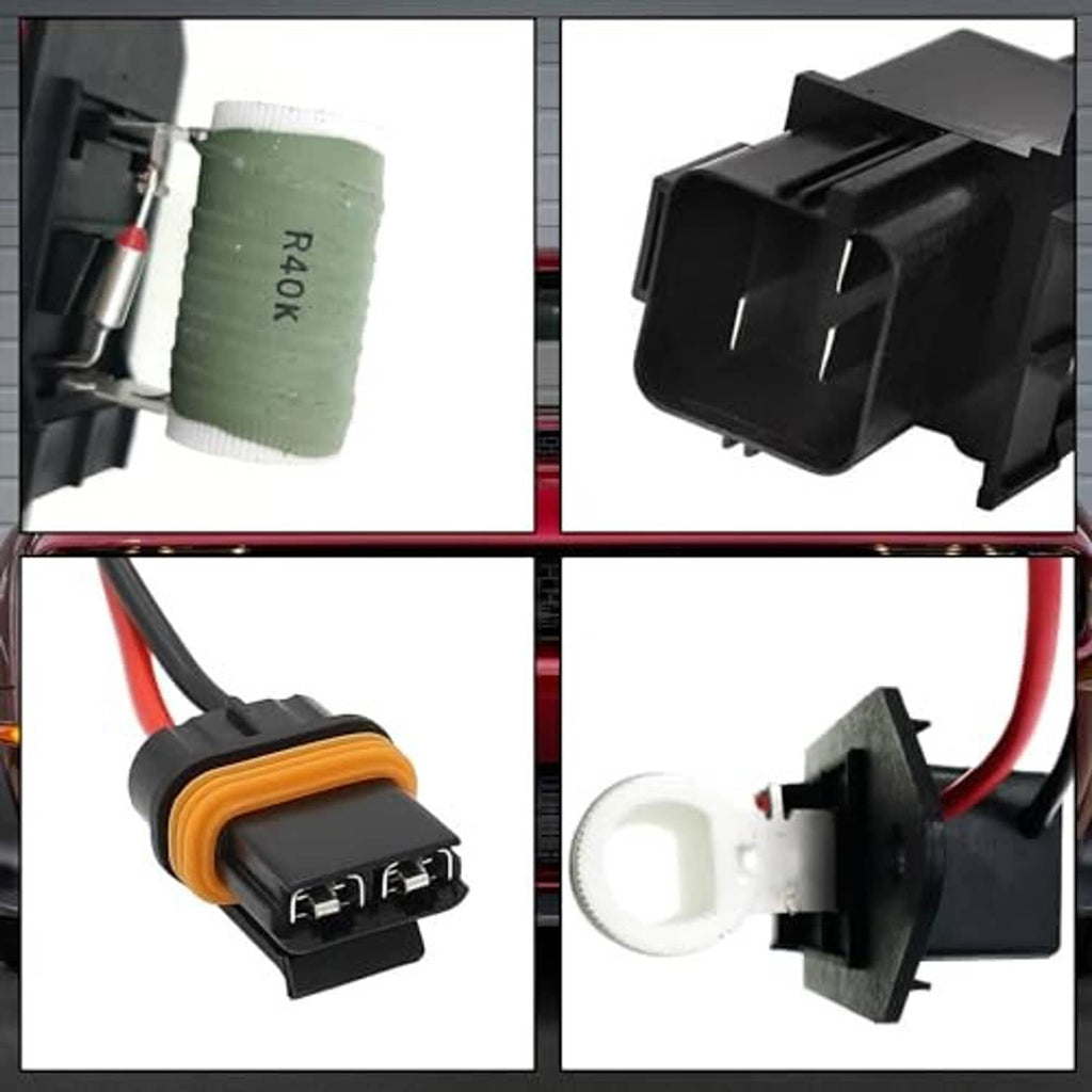 Radiator fan motor wiring harness connectors and green coil, close-up detail