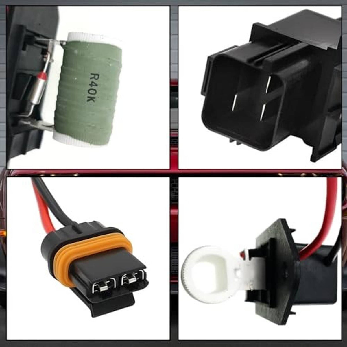 Radiator fan motor wiring harness connectors and green coil, close-up detail