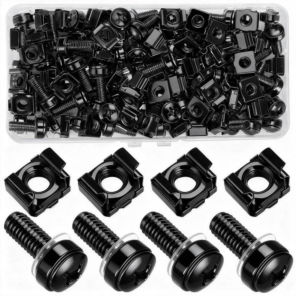 Black M6x20 rack mount screws and cage nuts, mixed fastener set