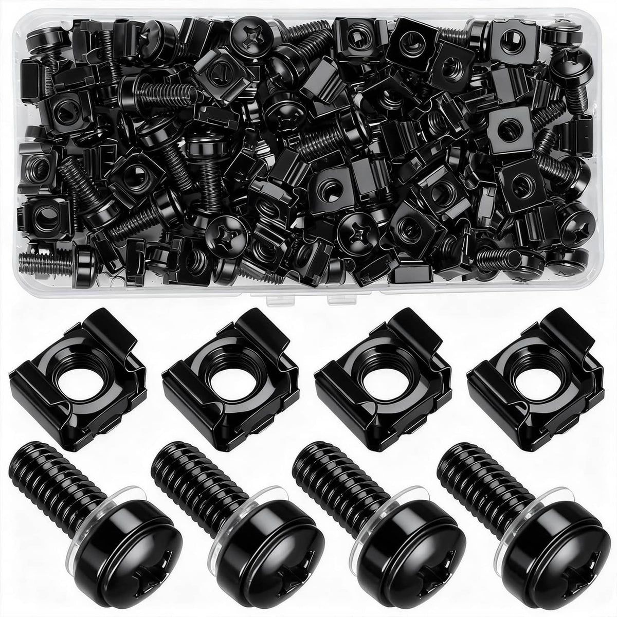 Black M6x20 rack mount screws and cage nuts, mixed fastener set