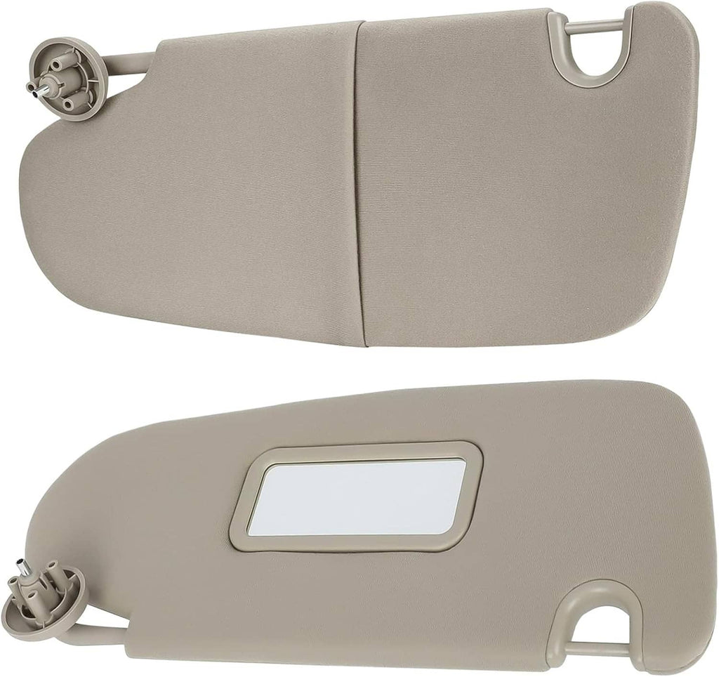 Beige sun visor set with rectangular vanity mirror opening and side brackets