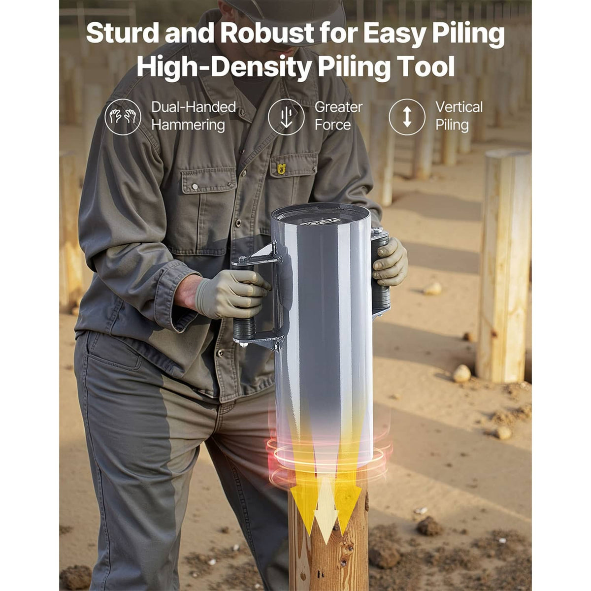 Heavy-duty fence post driver rammer with vertical piling face and dual grip handles