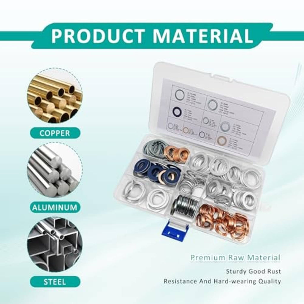Oil drain plug gasket set with material callouts, copper, aluminum, and steel washers shown