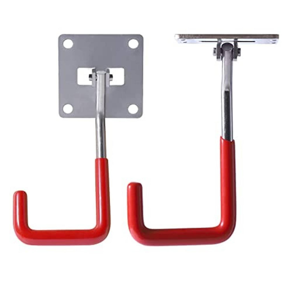 Two wall-mounted U-shaped garage hooks with red anti-slip grips and metal bracket
