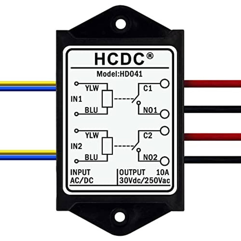 Relay module front close-up with C1/C2 outputs and IN1/IN2 input terminals