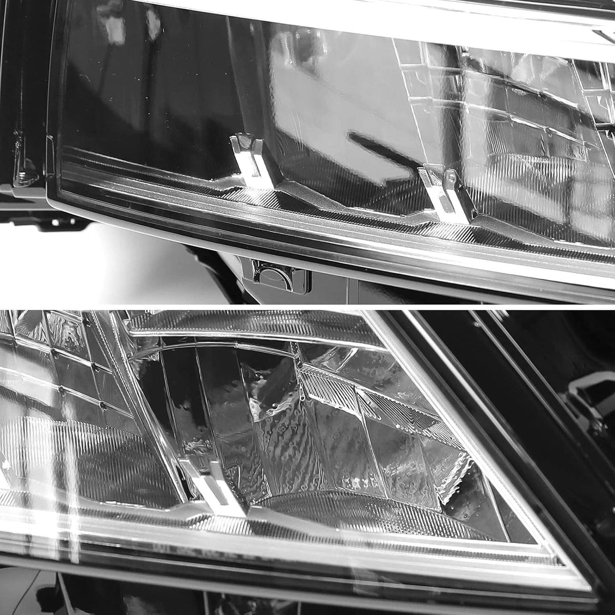 Right LED headlight projector lens and reflector detail behind clear cover