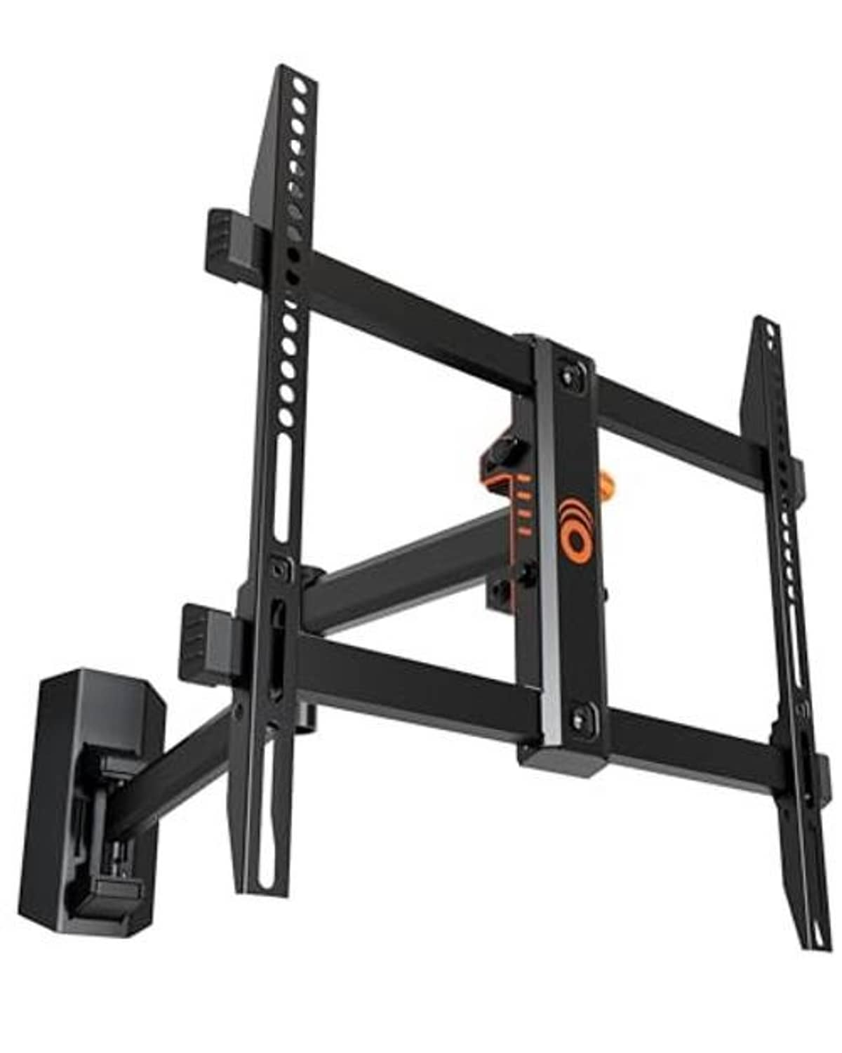 Full motion TV wall mount with extended black arms and swivel hinge