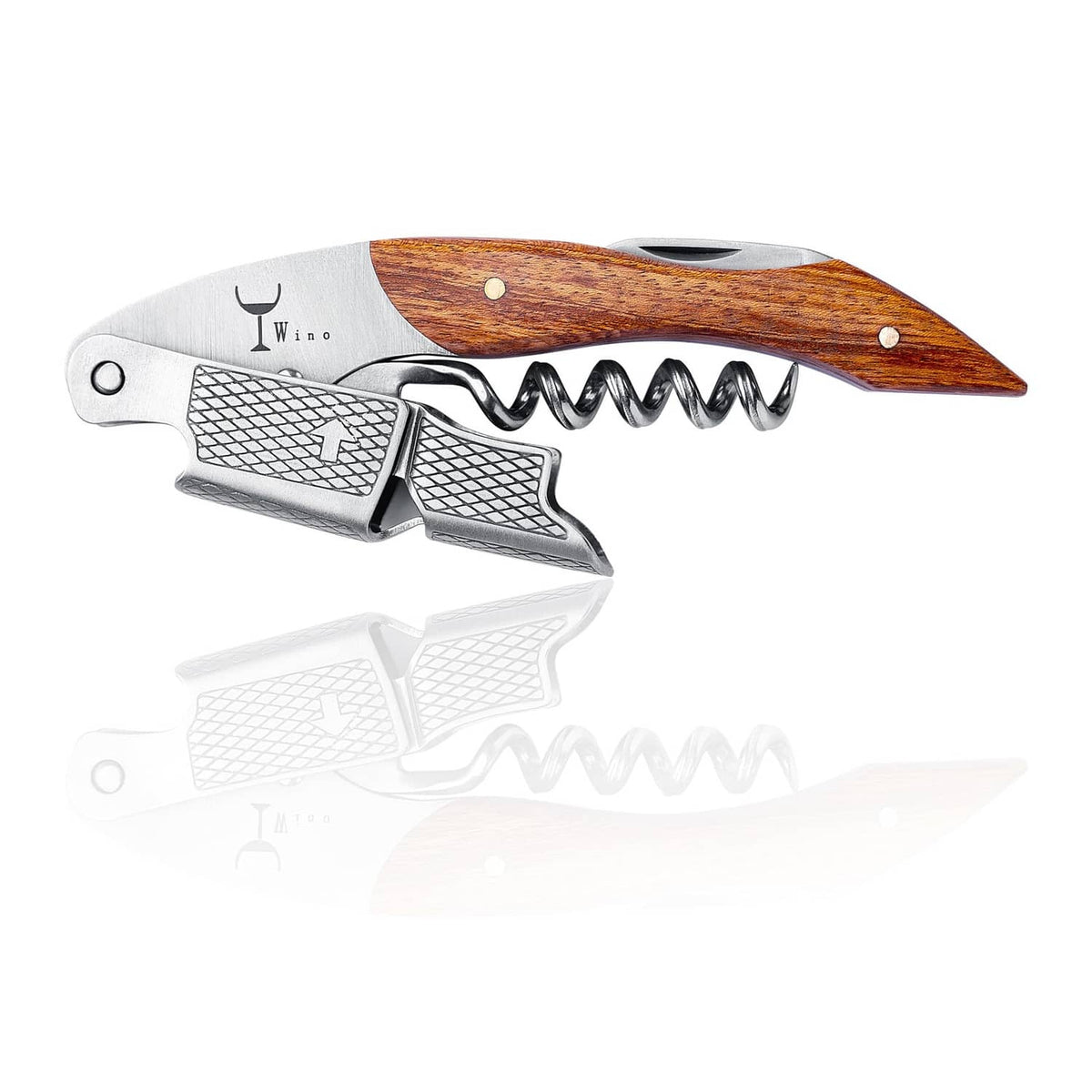 Metal and wood wine corkscrew with spiral and lever for extracting wine bottle corks