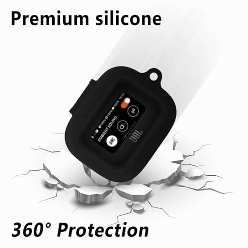Black silicone case with front electronics window and raised protective edges.