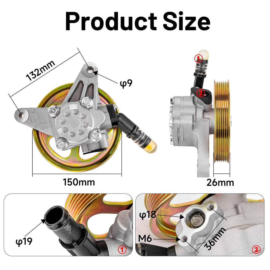 Power steering pump size diagram with pulley and mounting measurements
