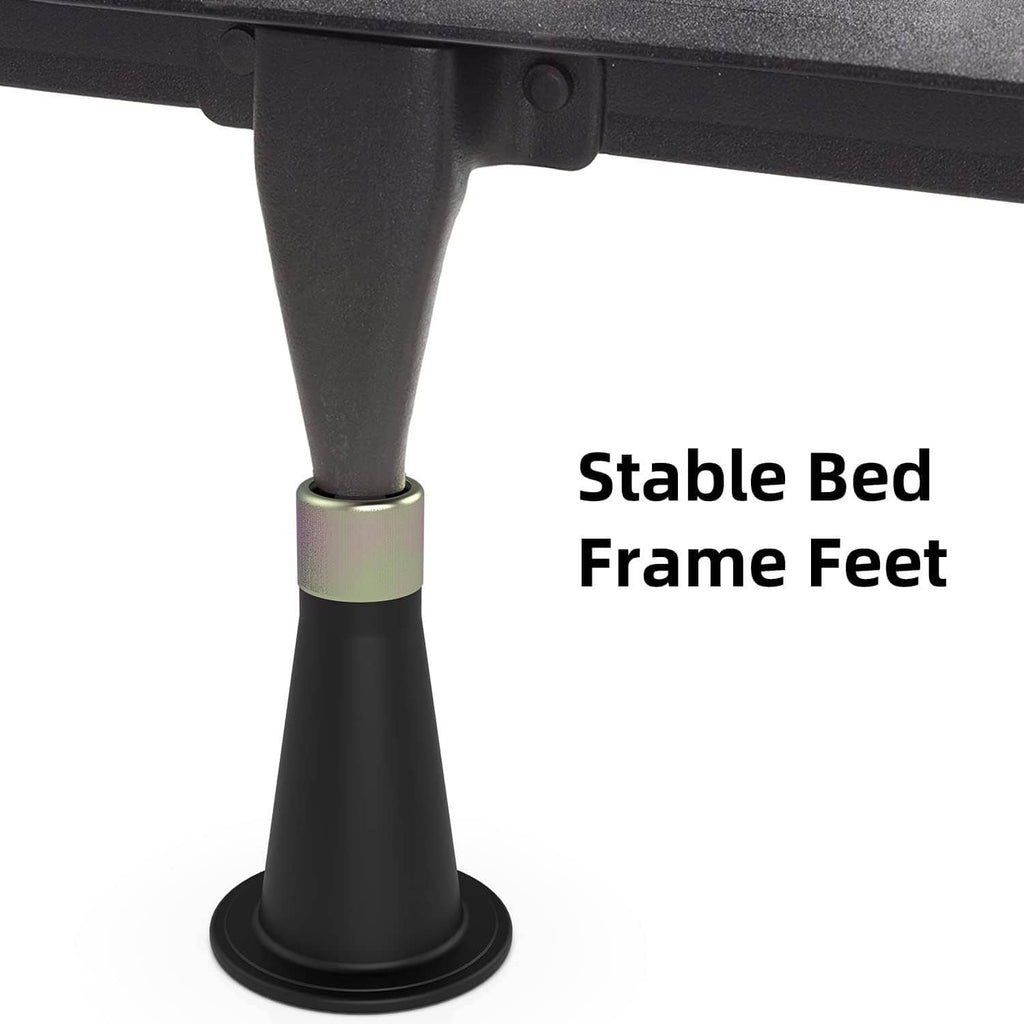 Single bed frame foot with black tapered leg and light metal ring on base