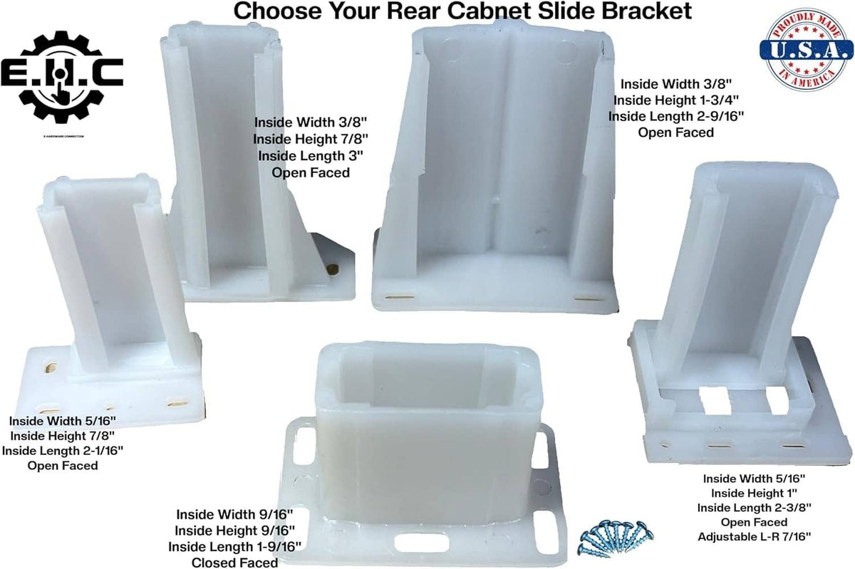 White rear cabinet slide bracket selection diagram, open-faced and closed base styles