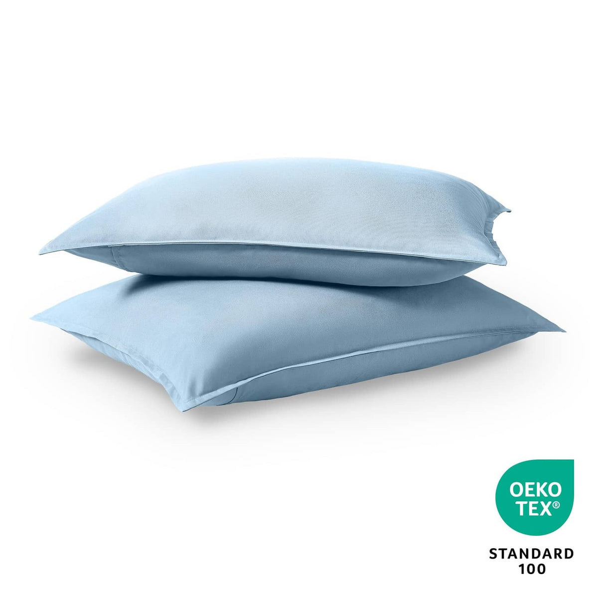 Stacked light blue microfiber pillow shams showing envelope opening, standard size.