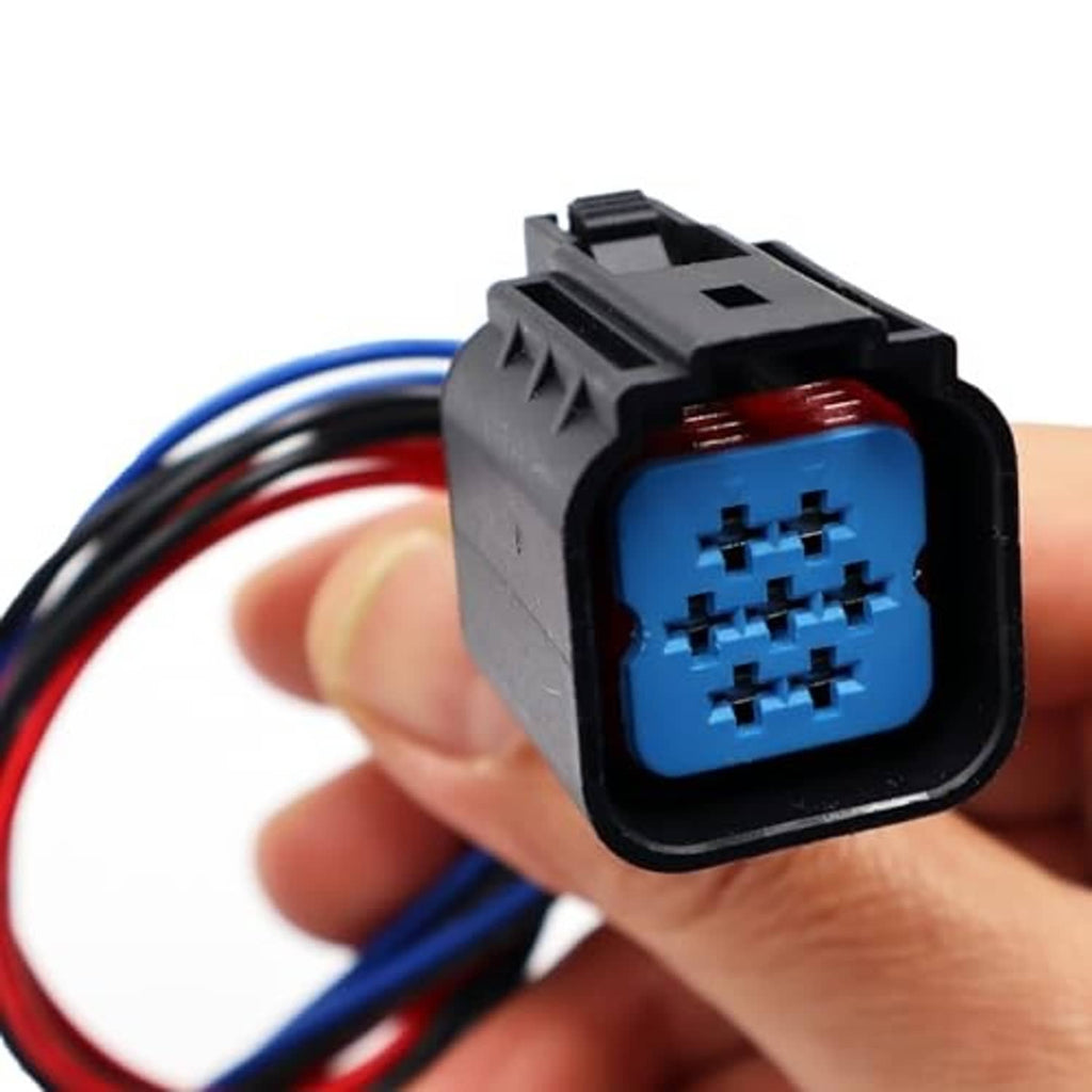7-way headlamp connector with blue socket, red/blue wires, and black housing