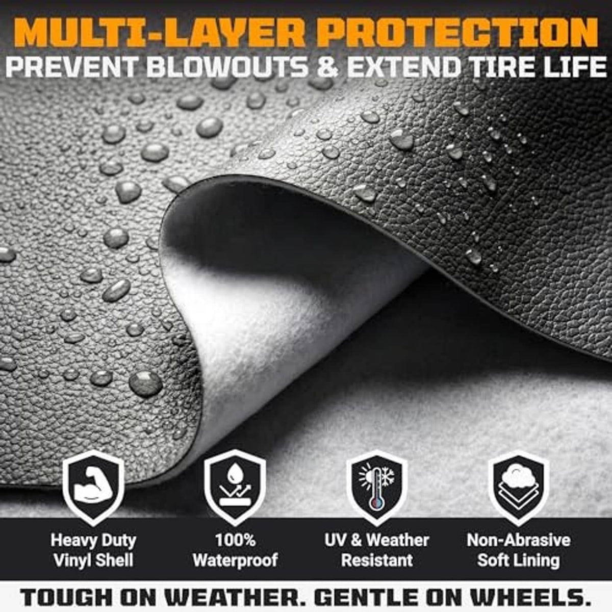 Black tire cover material with water droplets, multi-layer protection icons