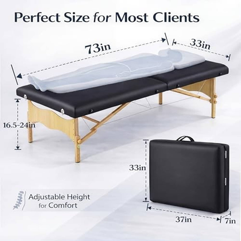Portable massage table with black cushions and adjustable low-profile design