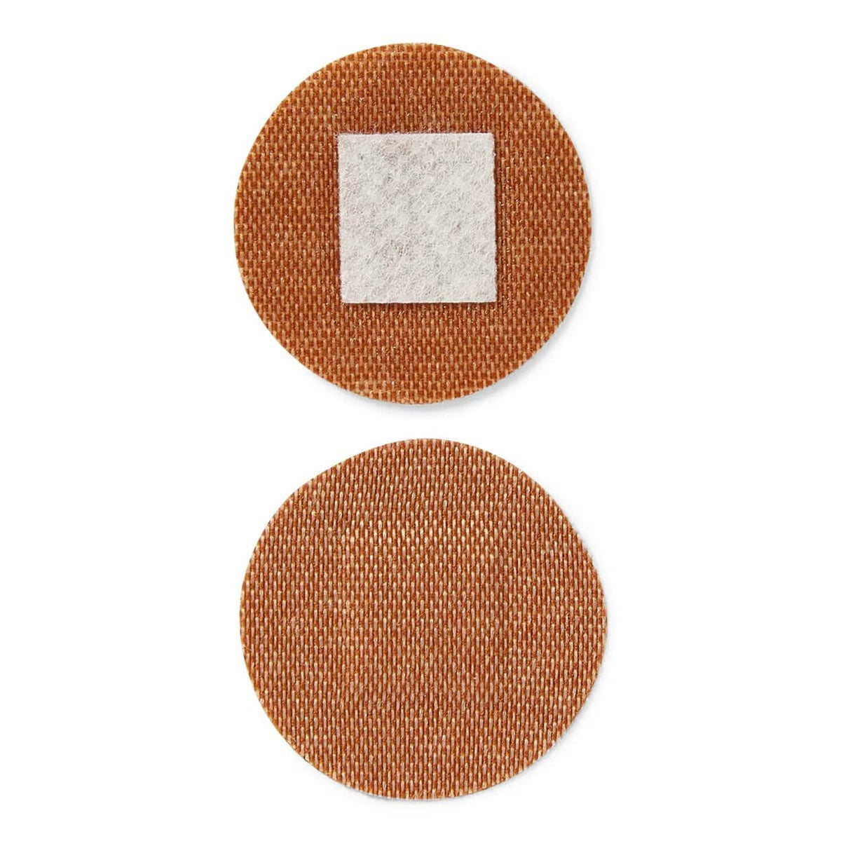 Two round brown adhesive fabric bandages with white non-stick pads