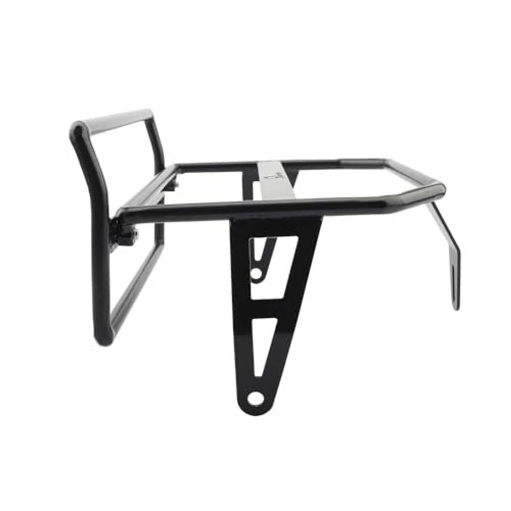 Motorcycle front luggage rack bracket with headlight guard, black frame with silver mounting rail