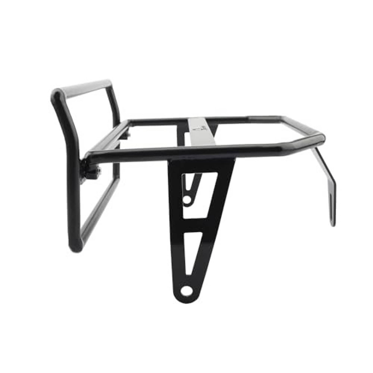 Motorcycle front luggage rack bracket with headlight guard, black frame with silver mounting rail