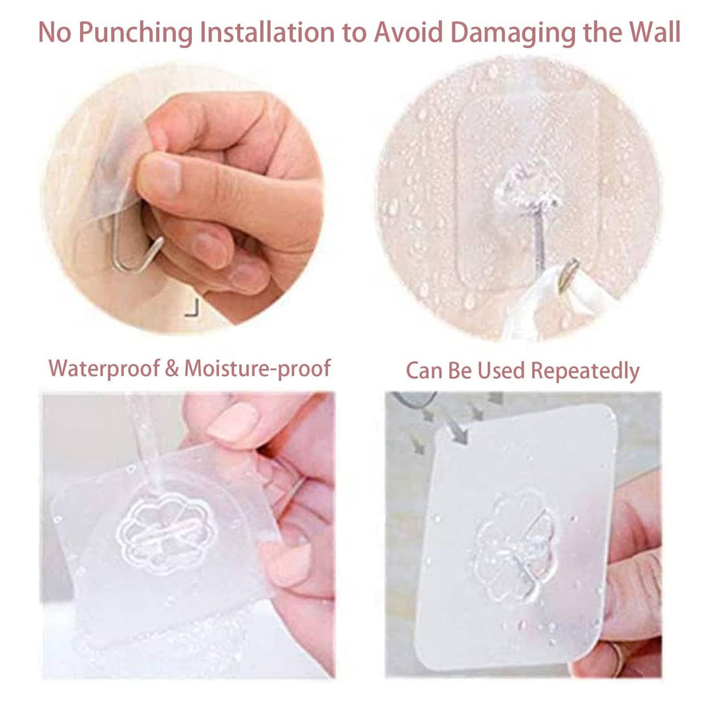 Transparent adhesive wall hook set with clear backing, shown being pressed by hand