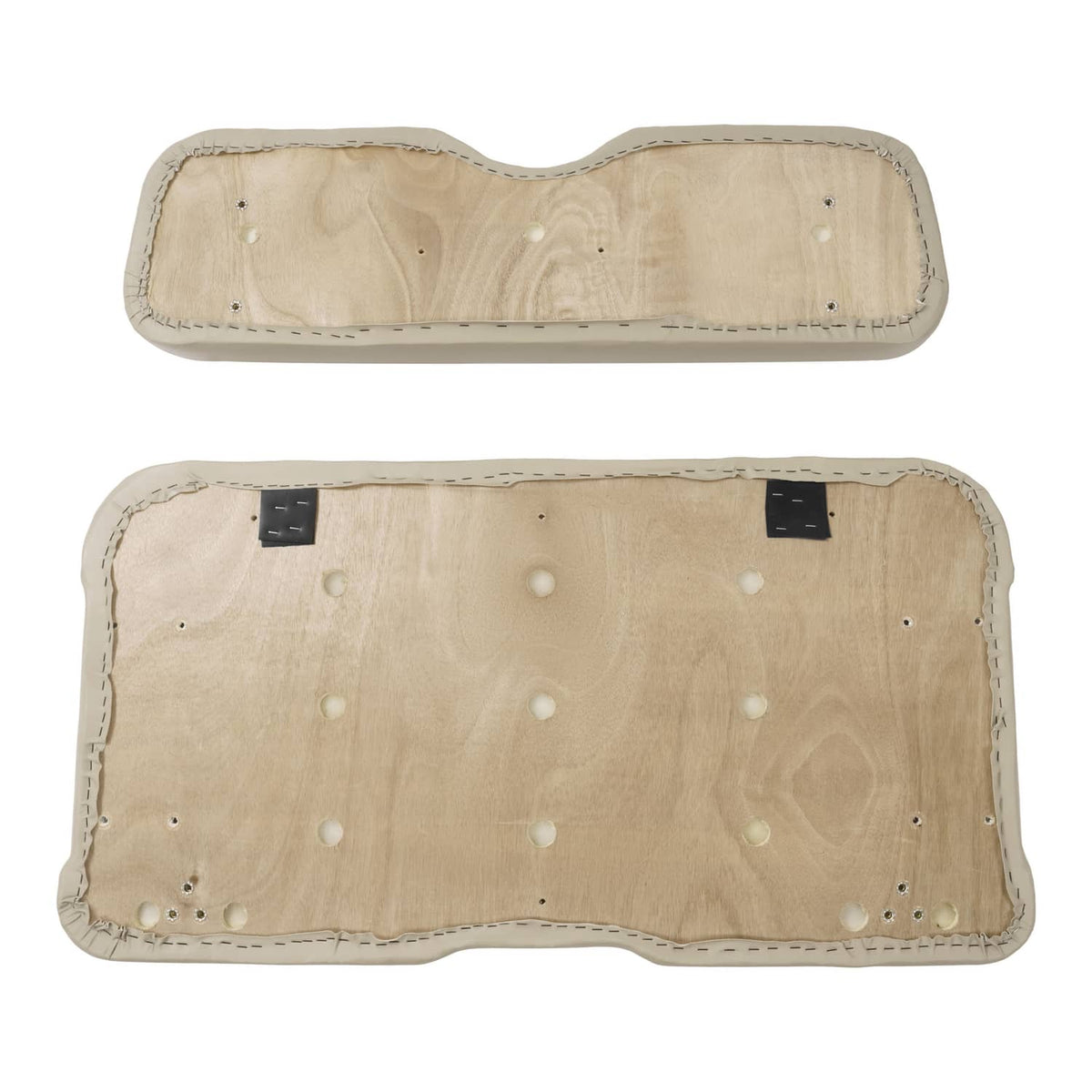 Stone seat cushion backs, beige fabric underside with stitching and black anchor tabs