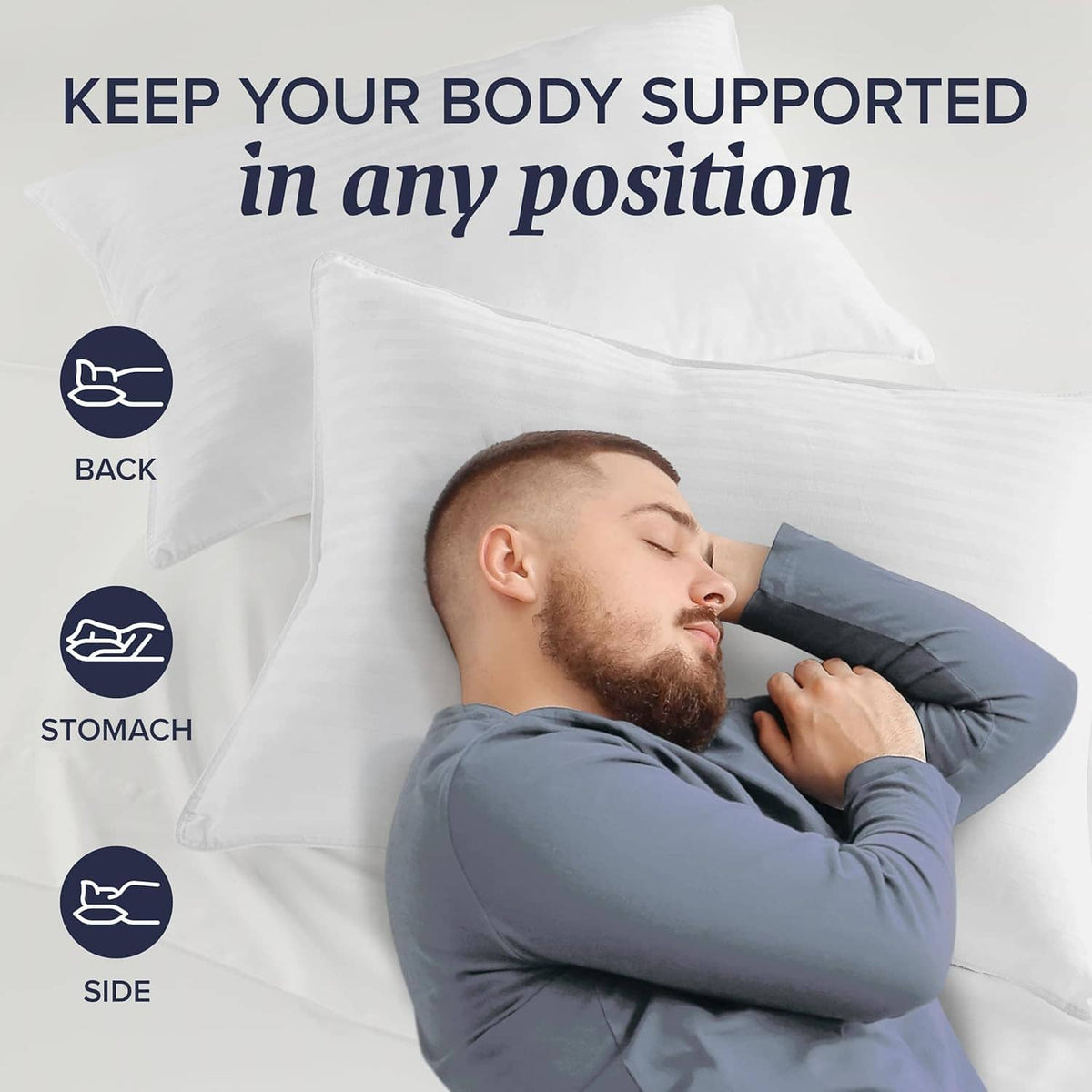 White supportive down alternative pillow for back, stomach, or side sleeping