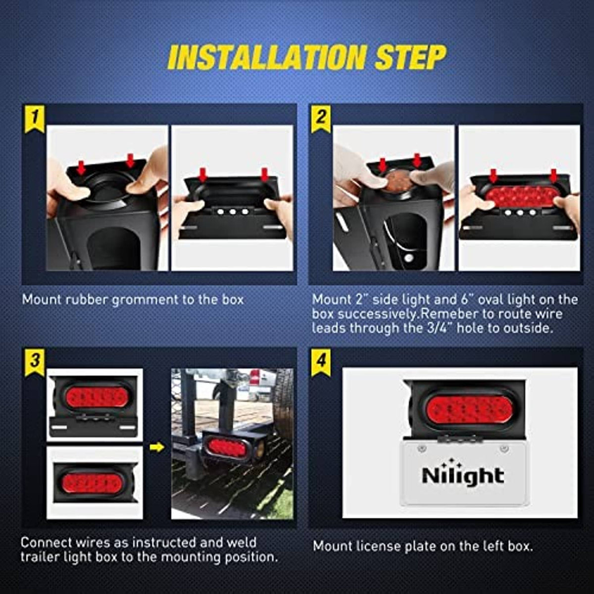 Installation steps showing red oval and amber marker lights mounting on a bracket